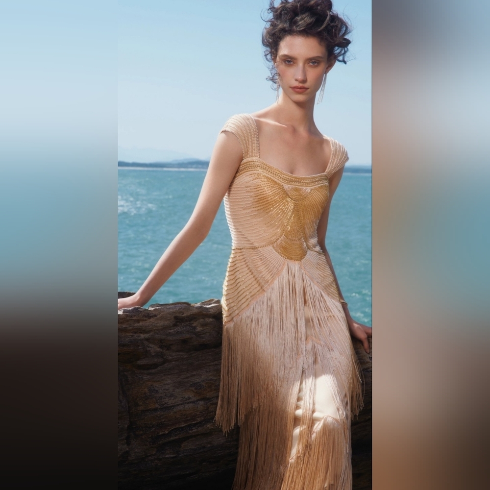 Beaded Champagne Fringe Maxi Dress